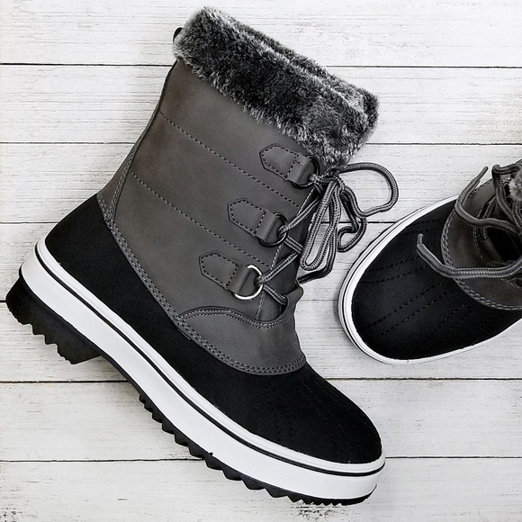 New Gray Faux Fur Lace Up Mid-Calf Snow Boots - Picture 2 of 4